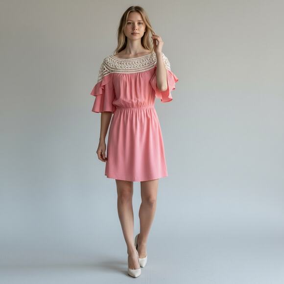 Women's Anthropologie Esley Pink Dress White Crochet Pattern Top Tiered Sleeve S - Picture 1 of 7